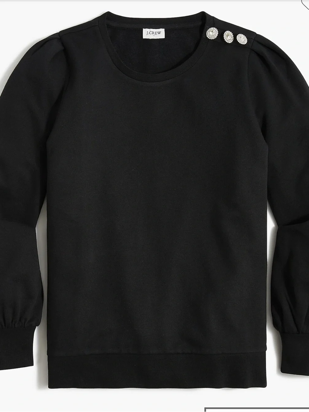 J. Crew Black Puff-Sleeve Sweatshirt with Decorative Shoulder Buttons